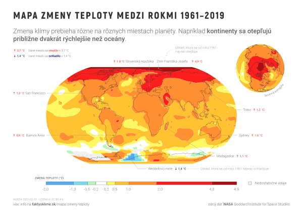 Mapa zmeny teploty medzi rokmi 1961 – 2019